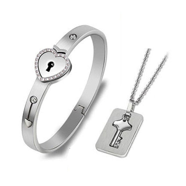 Stainless Steel Love Heart Lock Bangle Bracelet